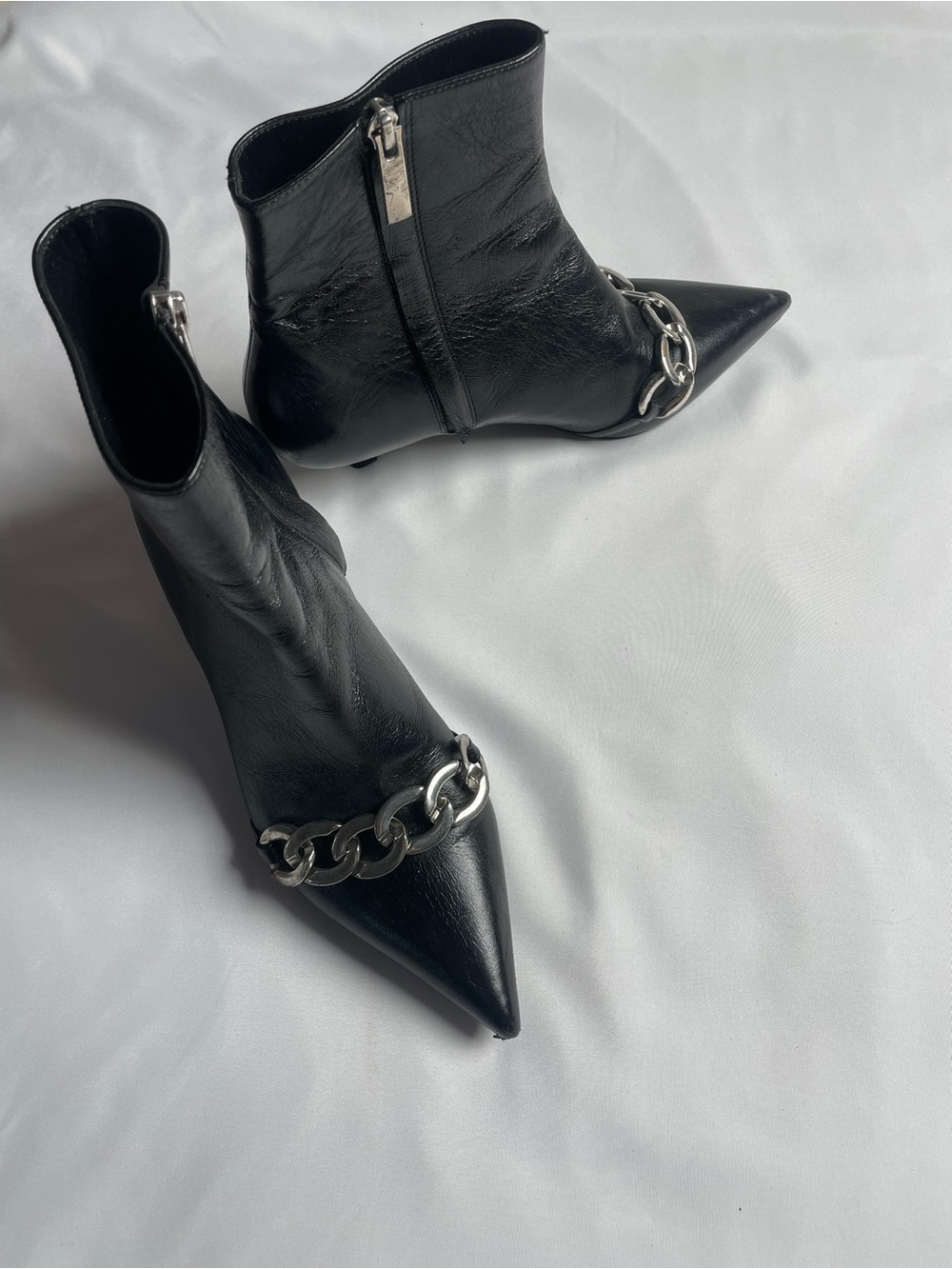 The Kooples Black Pointed Leather Ankle Boots with Silver Chain